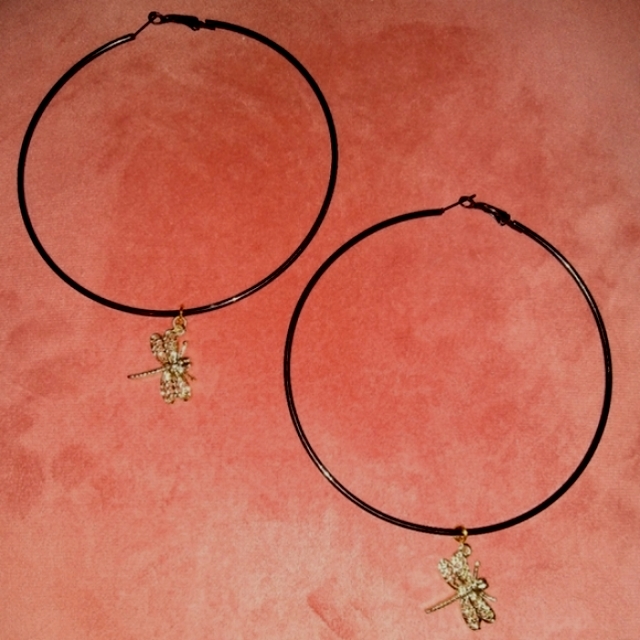 Huge Dragonfly Black Hoops Big Oversized Hoop Earrings Charms Dragonflies Katta